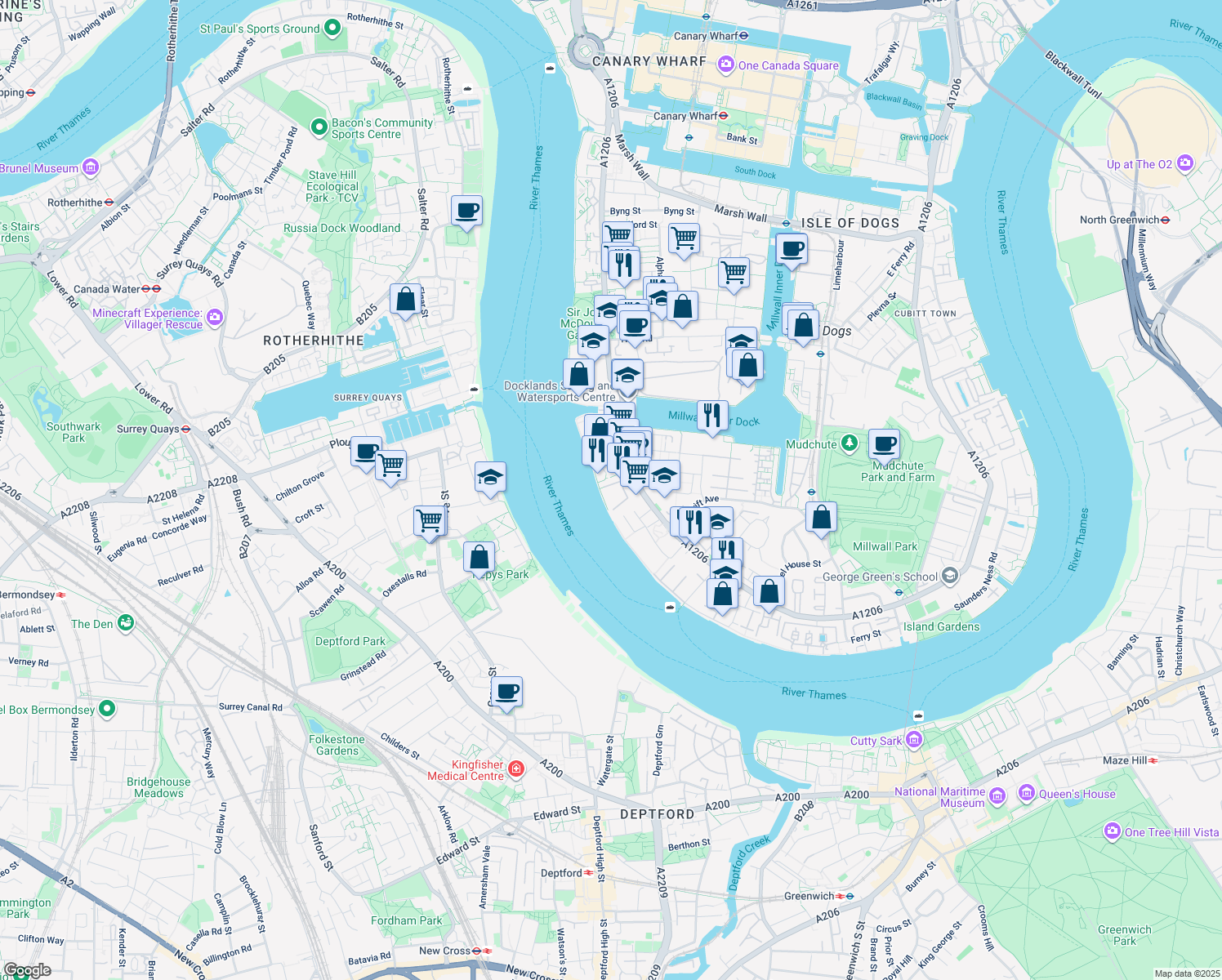 map of restaurants, bars, coffee shops, grocery stores, and more near Homer Drive in Greater London