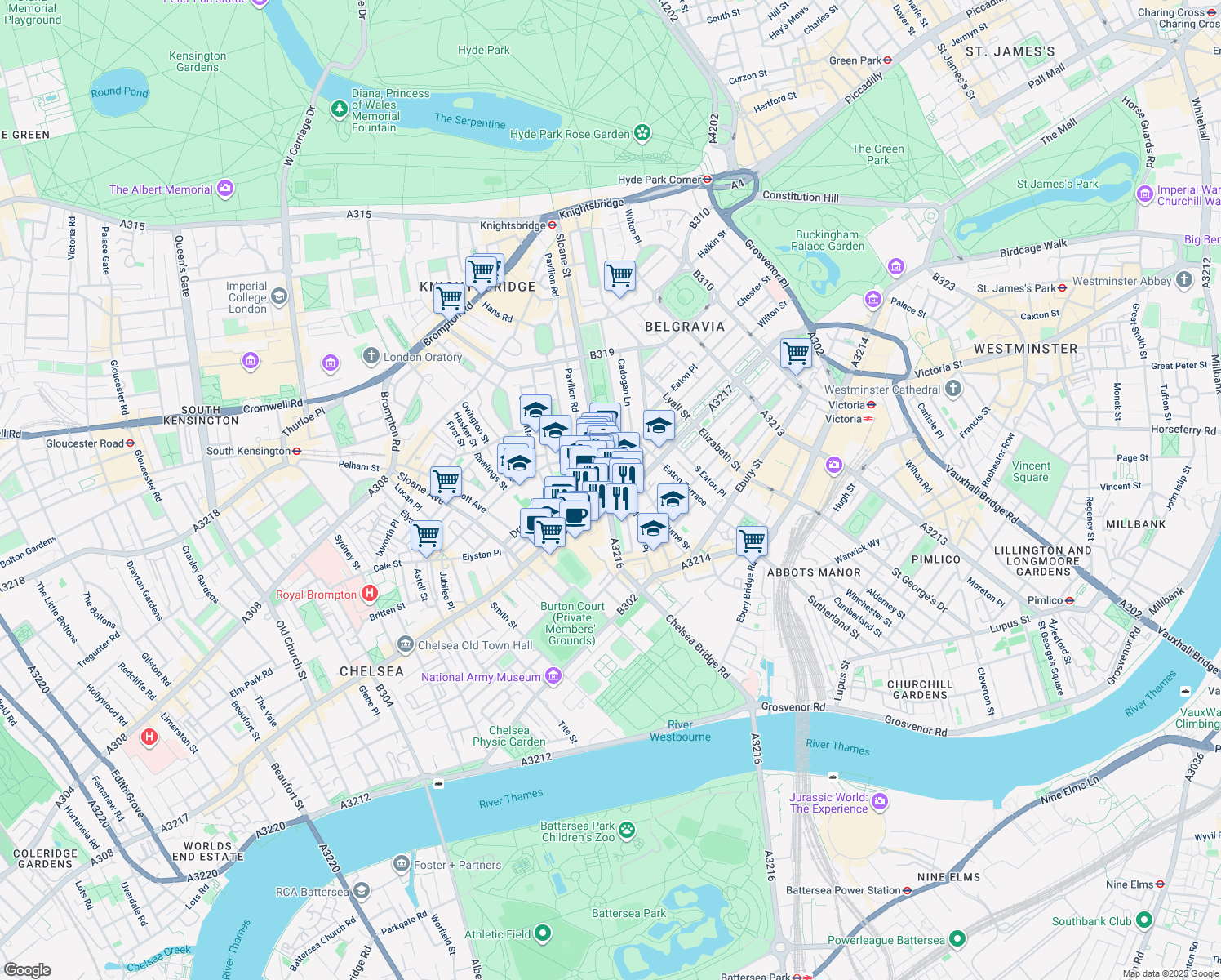 map of restaurants, bars, coffee shops, grocery stores, and more near 13-14 Sloane Square in Greater London