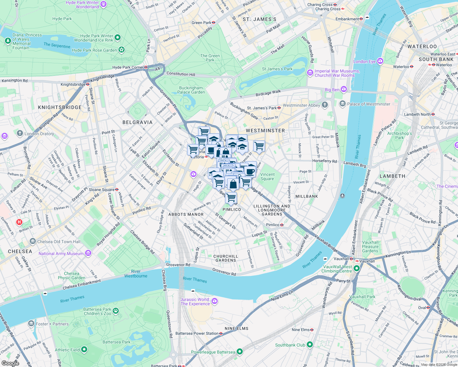 map of restaurants, bars, coffee shops, grocery stores, and more near Wilton Road in Greater London