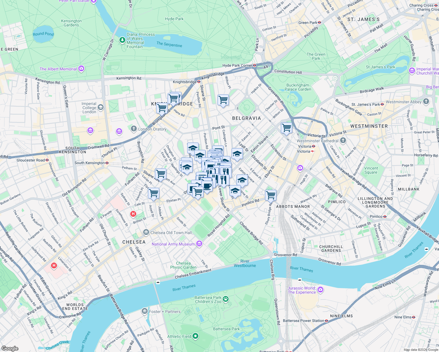 map of restaurants, bars, coffee shops, grocery stores, and more near 13-14 Sloane Square in Greater London