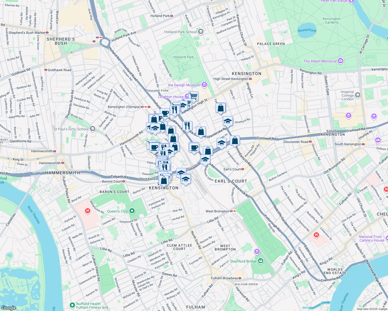 map of restaurants, bars, coffee shops, grocery stores, and more near in Greater London