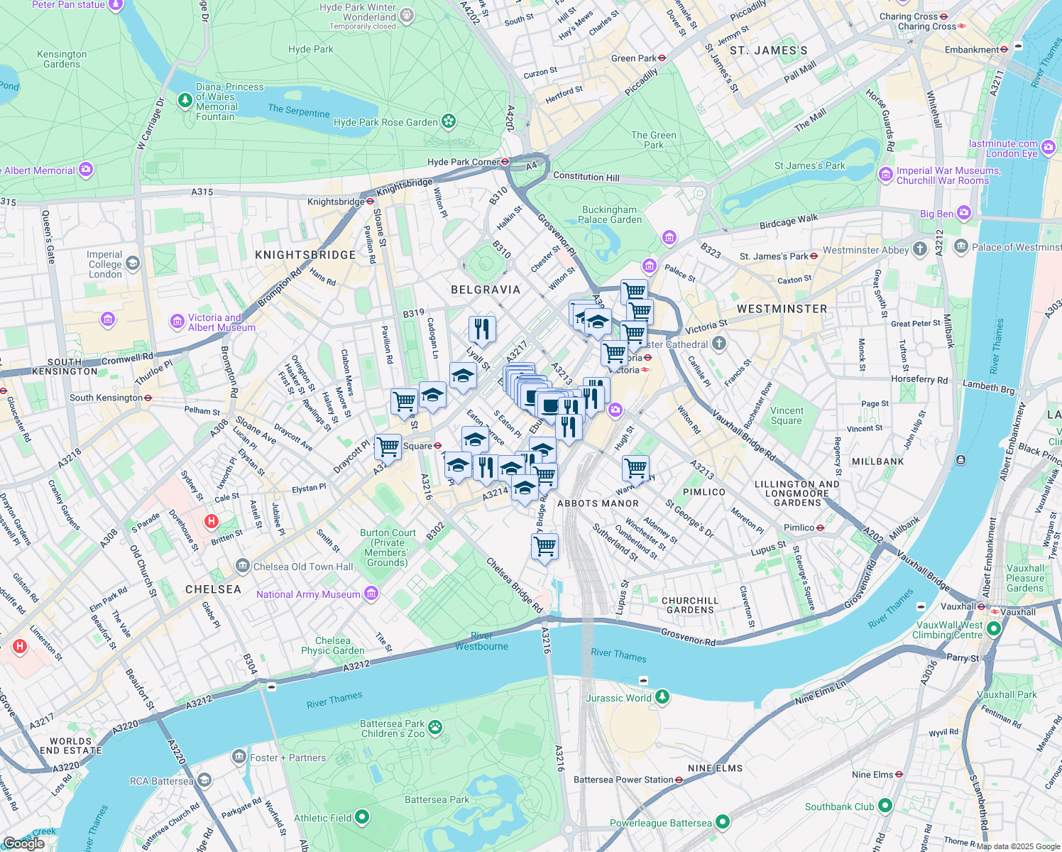 map of restaurants, bars, coffee shops, grocery stores, and more near Ebury Street in Greater London