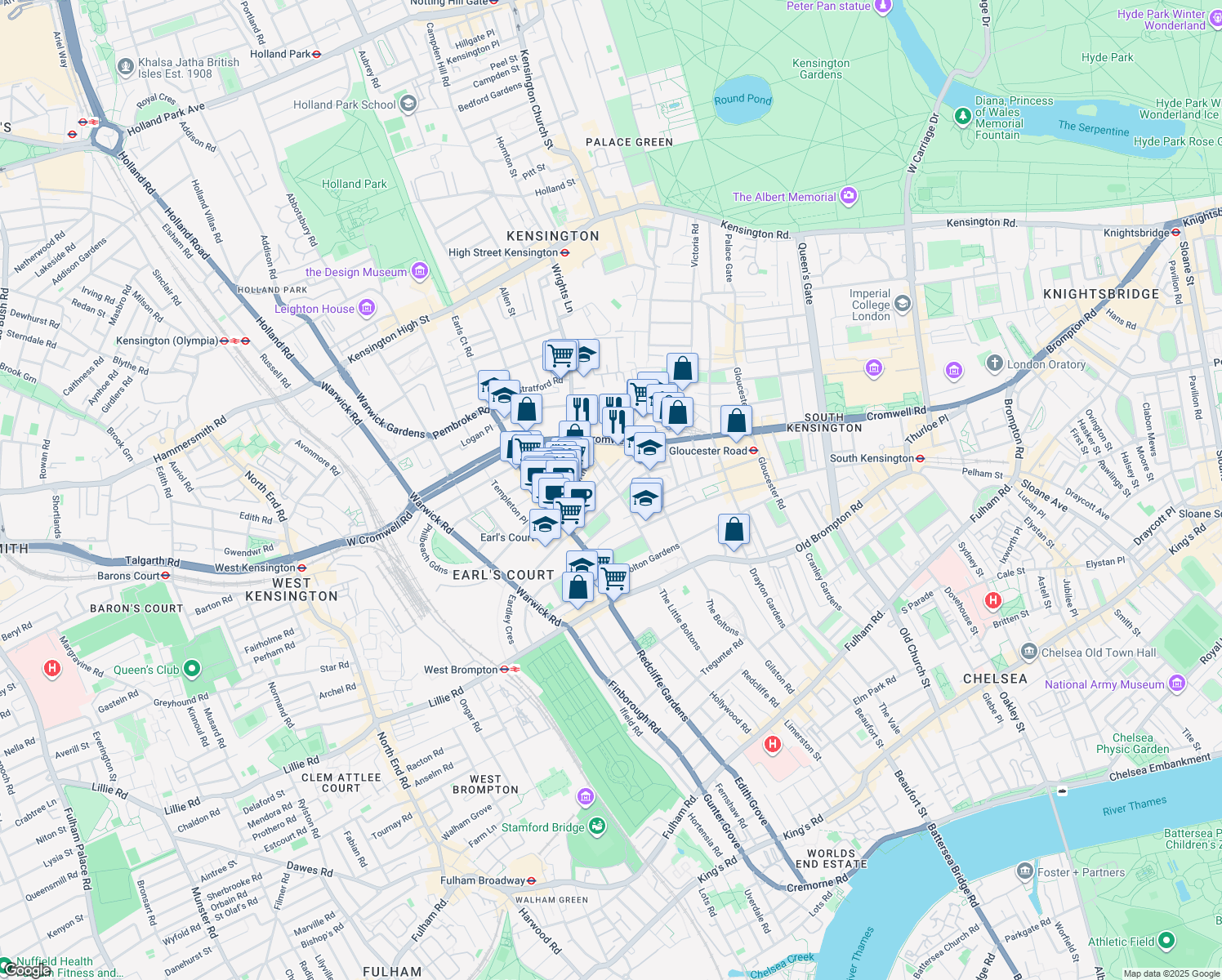 map of restaurants, bars, coffee shops, grocery stores, and more near 25 Courtfield Gardens in London
