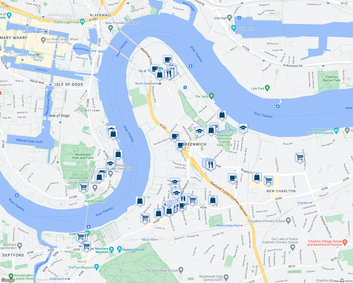 map of restaurants, bars, coffee shops, grocery stores, and more near A102 in London