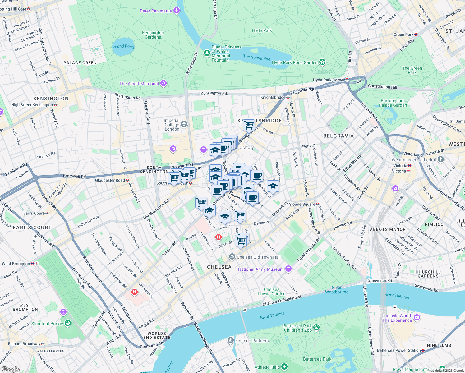 map of restaurants, bars, coffee shops, grocery stores, and more near 200 Walton Street in Greater London