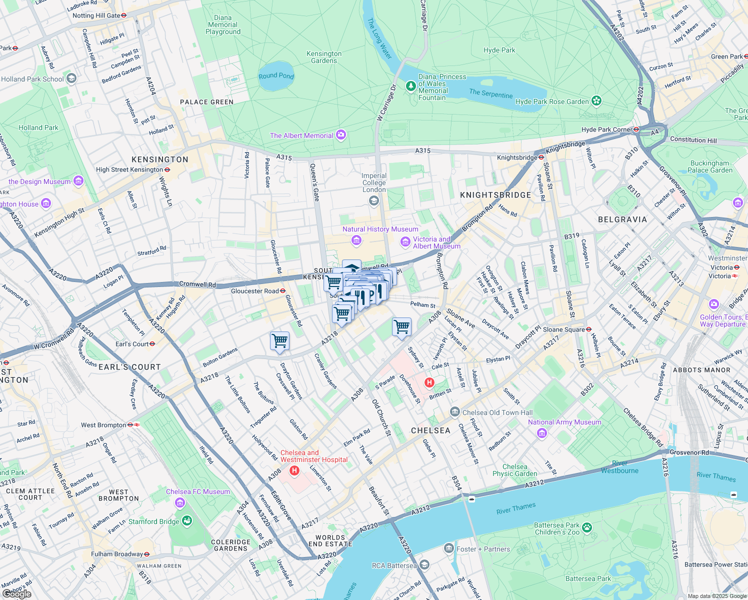 map of restaurants, bars, coffee shops, grocery stores, and more near 12 Old Brompton Road in Greater London