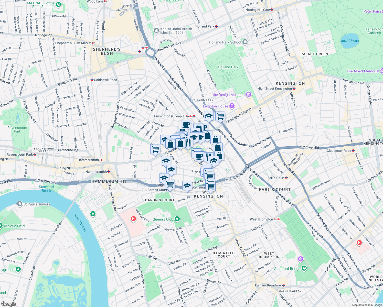 map of restaurants, bars, coffee shops, grocery stores, and more near North End Road in Greater London