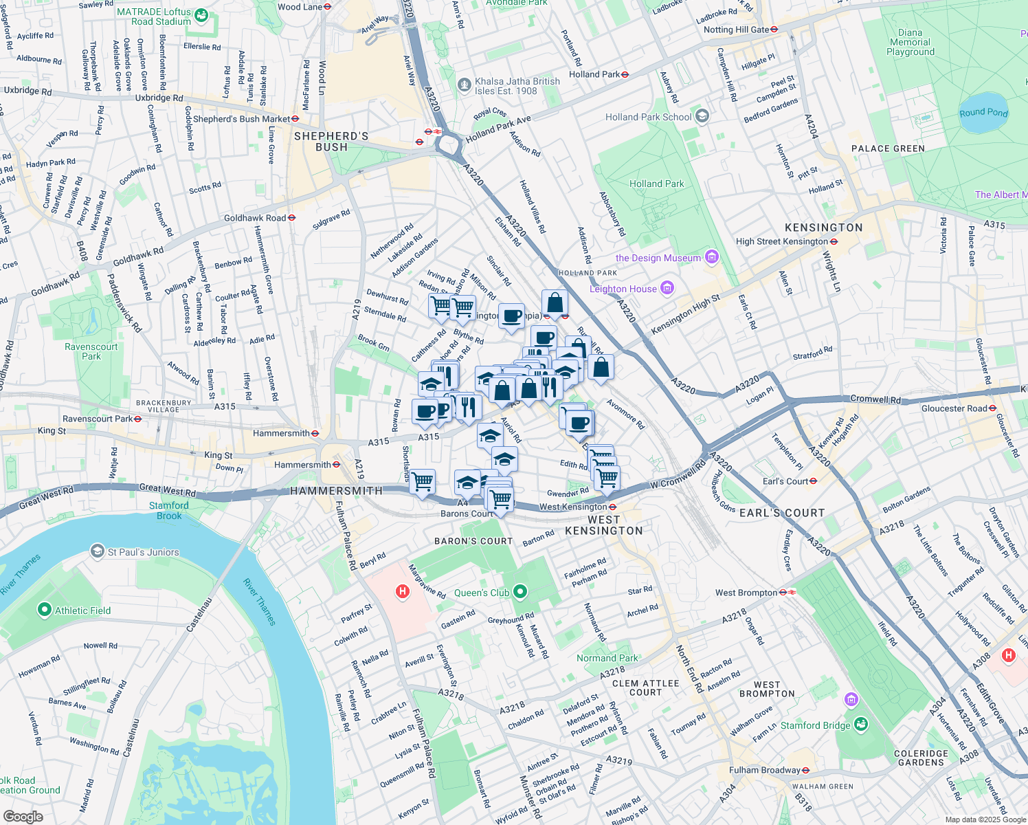 map of restaurants, bars, coffee shops, grocery stores, and more near 2 Munden Street in Greater London
