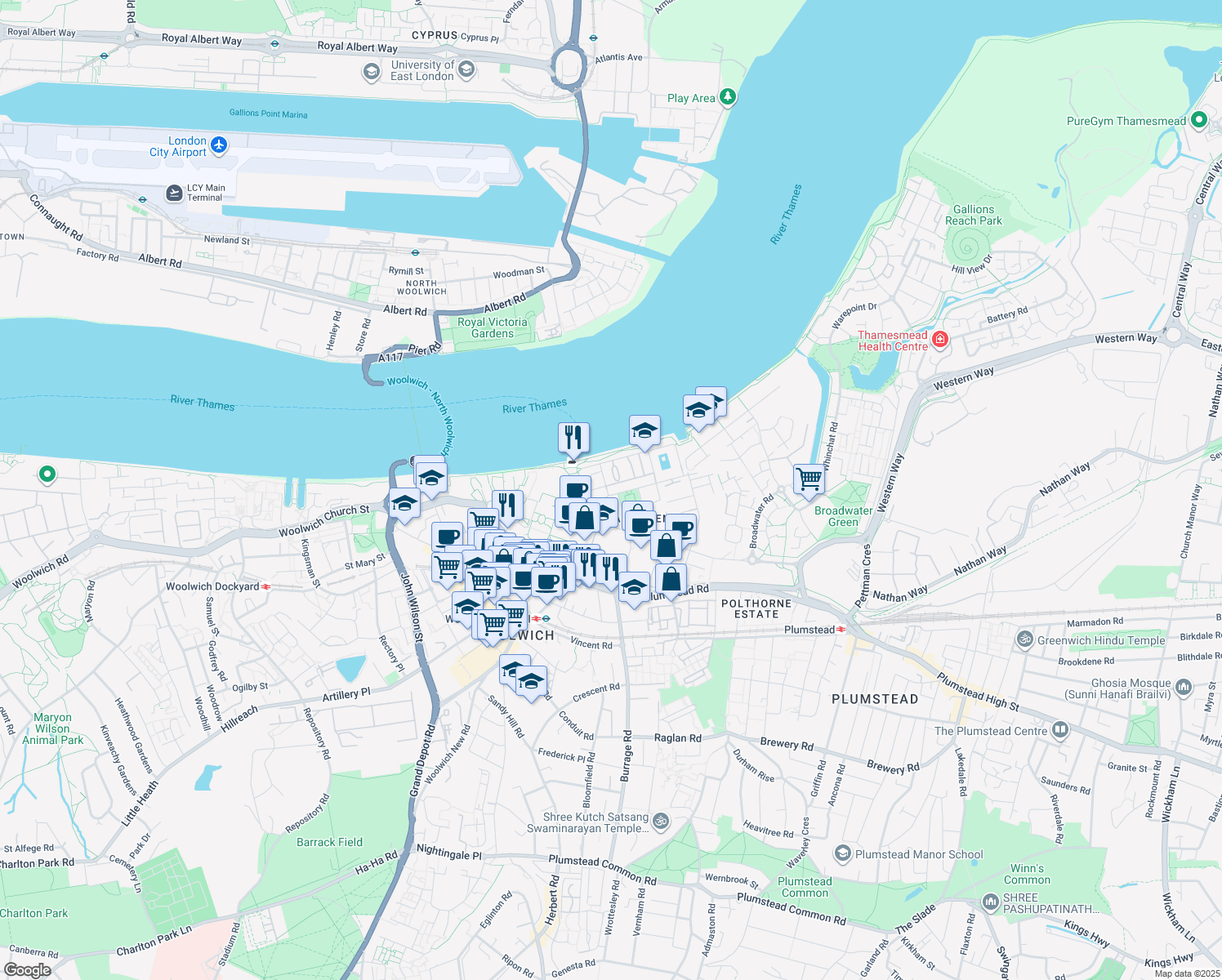 map of restaurants, bars, coffee shops, grocery stores, and more near in Greater London