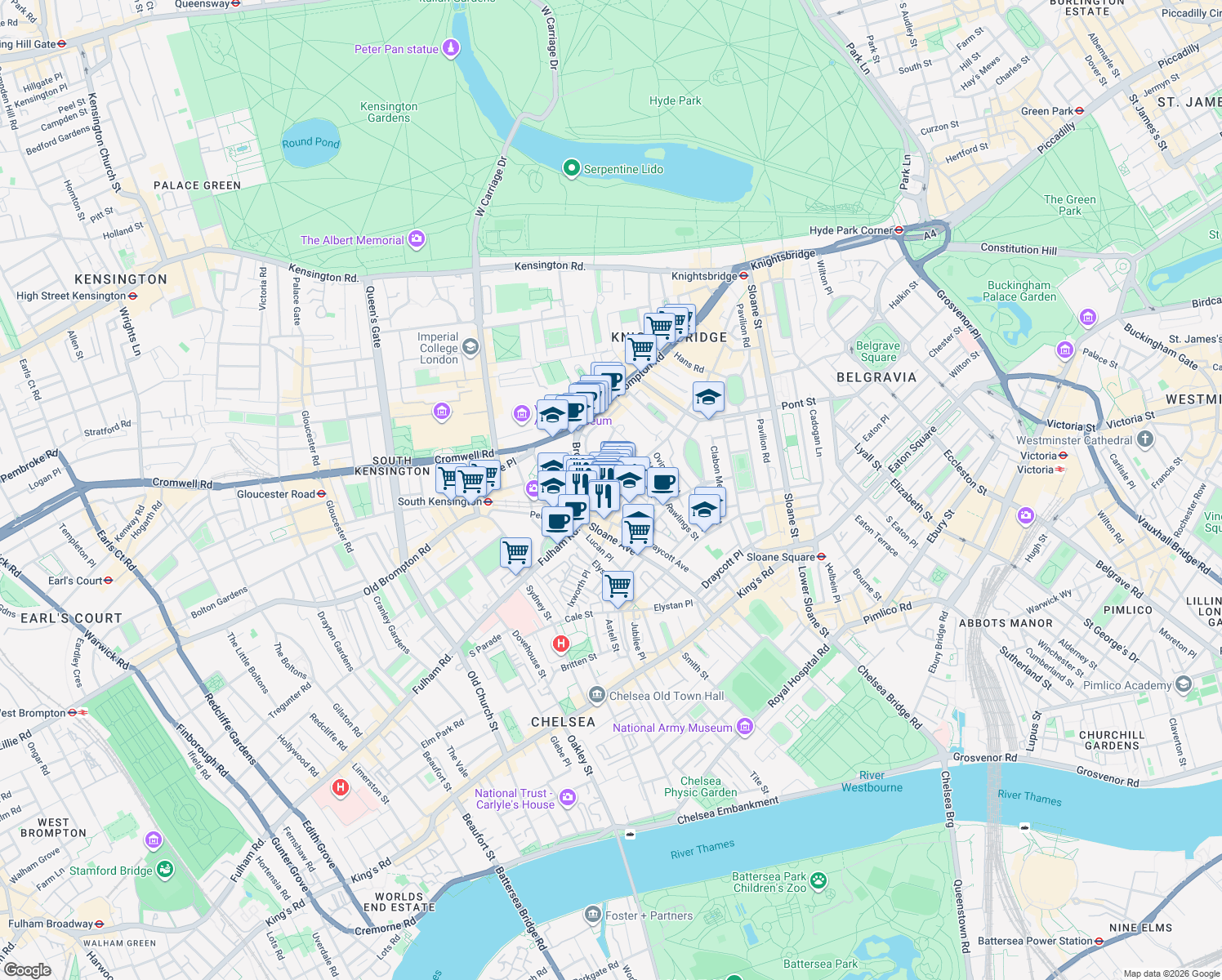 map of restaurants, bars, coffee shops, grocery stores, and more near 158 Walton Street in Greater London