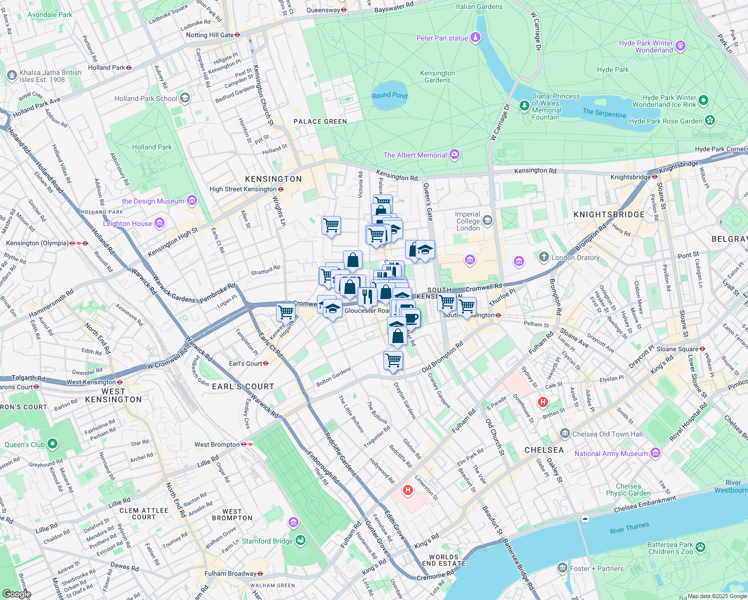 map of restaurants, bars, coffee shops, grocery stores, and more near Cromwell Road in Greater London