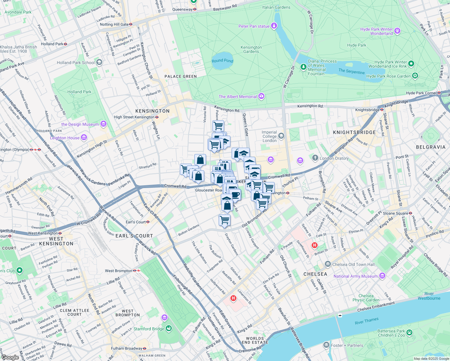 map of restaurants, bars, coffee shops, grocery stores, and more near Gloucester Road in Greater London