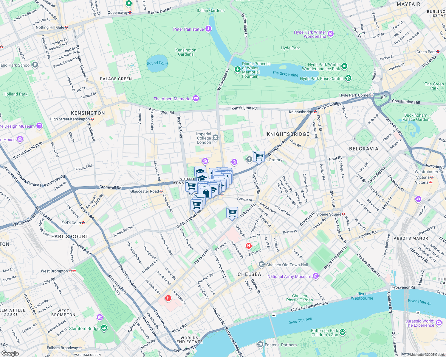 map of restaurants, bars, coffee shops, grocery stores, and more near 1 Cromwell Road in Greater London