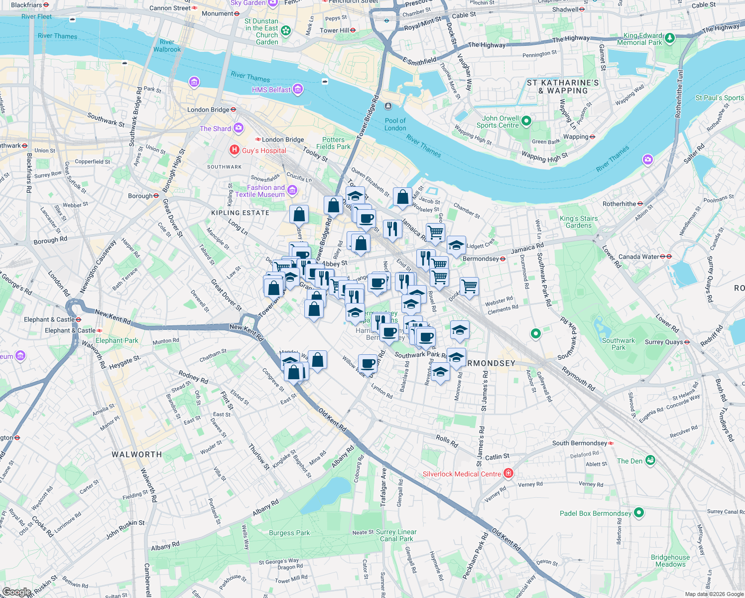 map of restaurants, bars, coffee shops, grocery stores, and more near 11-13 Spa Road in Greater London