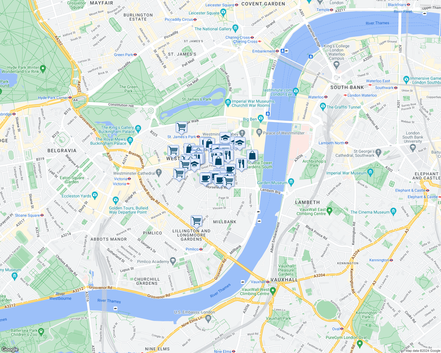 map of restaurants, bars, coffee shops, grocery stores, and more near 27 Monck Street in Greater London