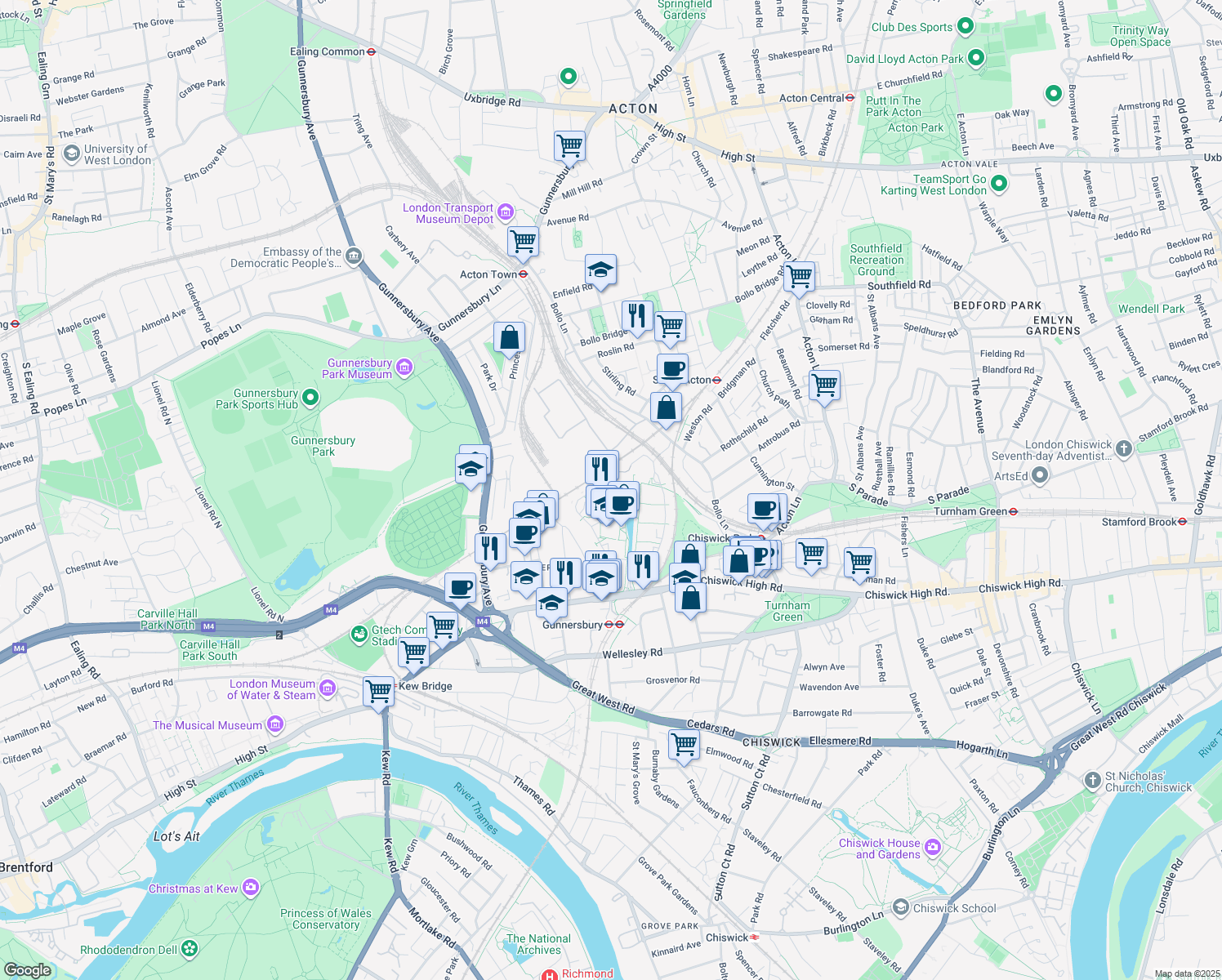 map of restaurants, bars, coffee shops, grocery stores, and more near Chiswick High Road in Greater London