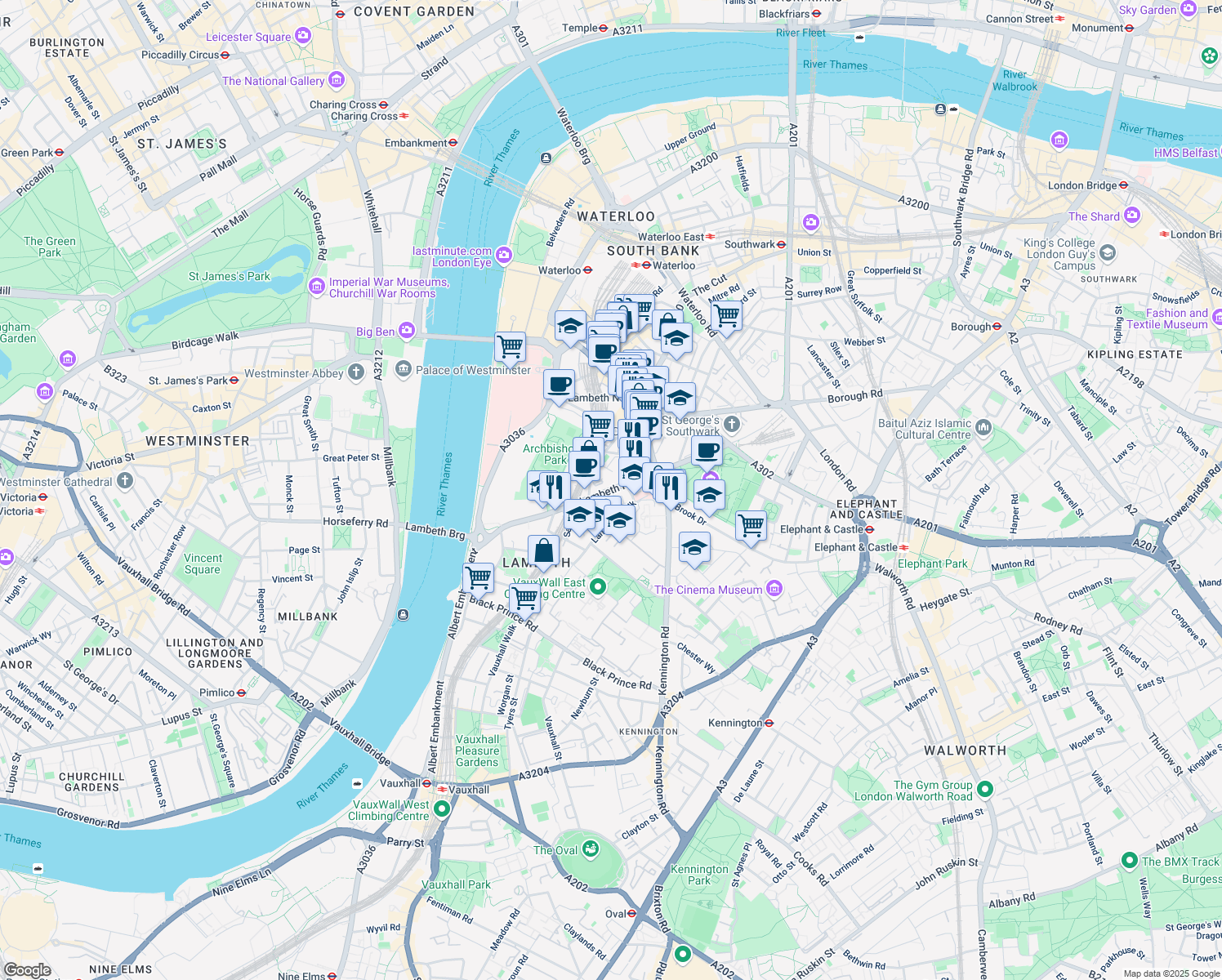 map of restaurants, bars, coffee shops, grocery stores, and more near 27 Lambeth Road in Greater London