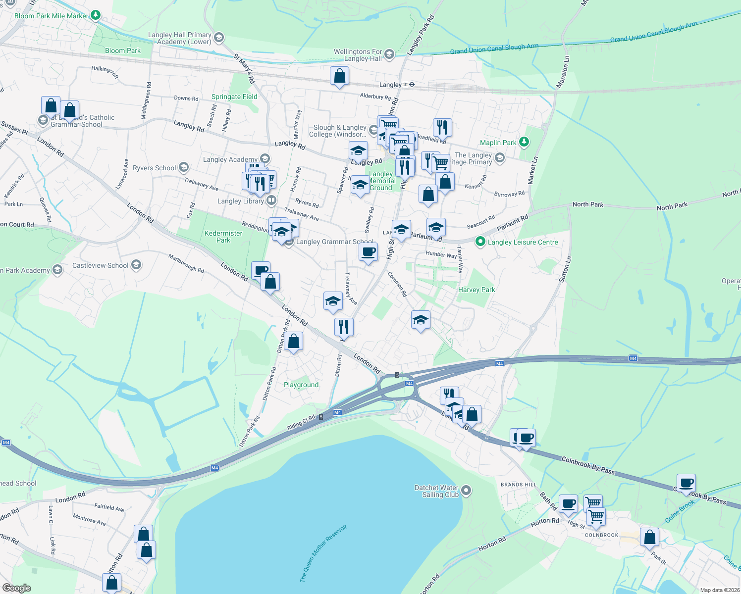 map of restaurants, bars, coffee shops, grocery stores, and more near 114 High Street Langley in Slough