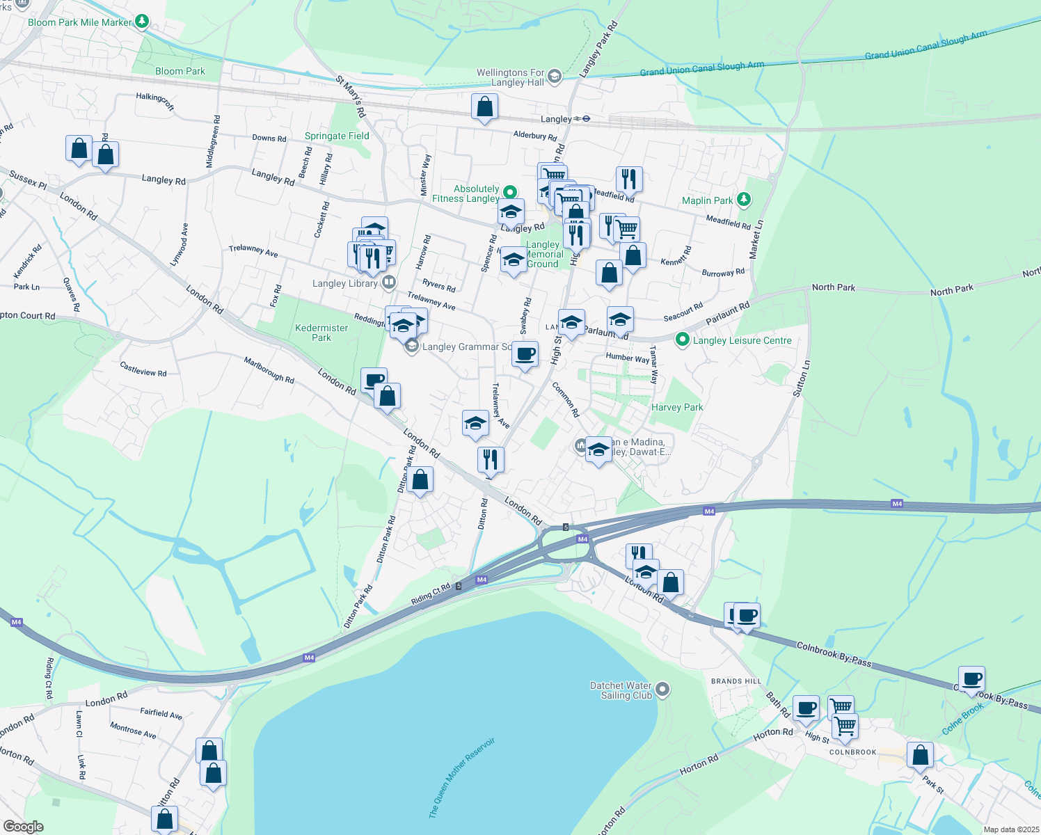 map of restaurants, bars, coffee shops, grocery stores, and more near 94 High Street Langley in Slough