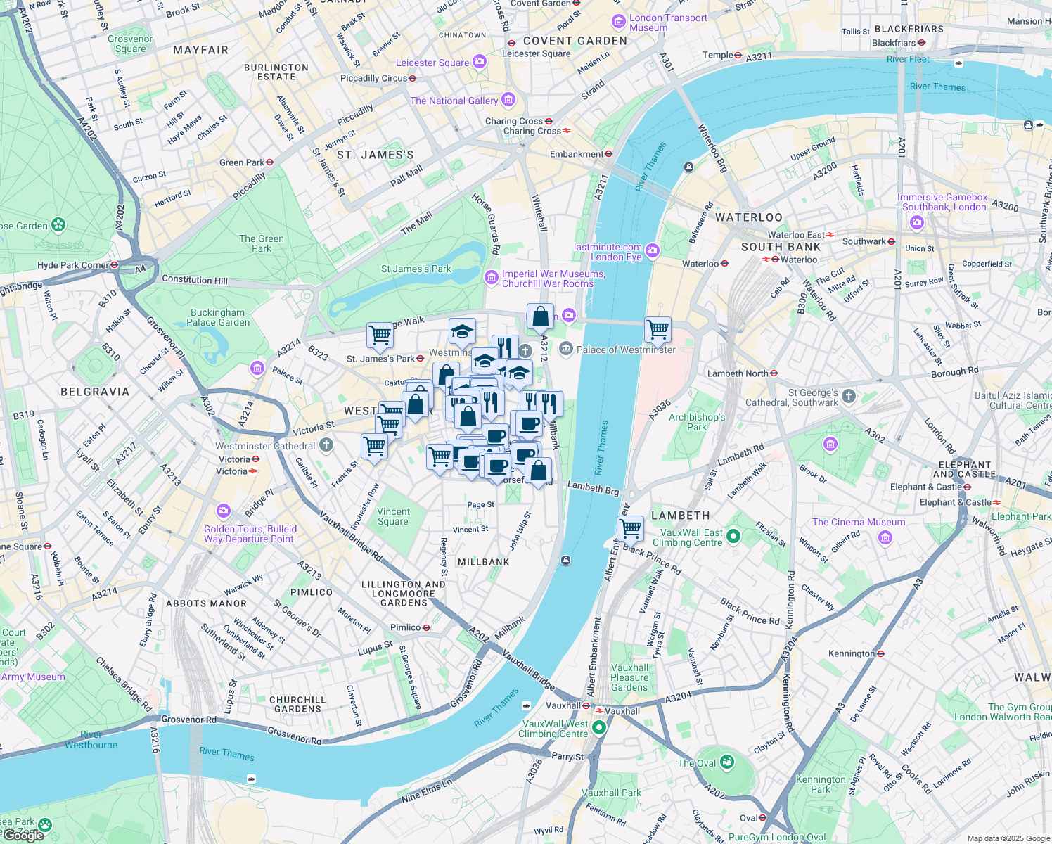 map of restaurants, bars, coffee shops, grocery stores, and more near 12 Cowley Street in Greater London
