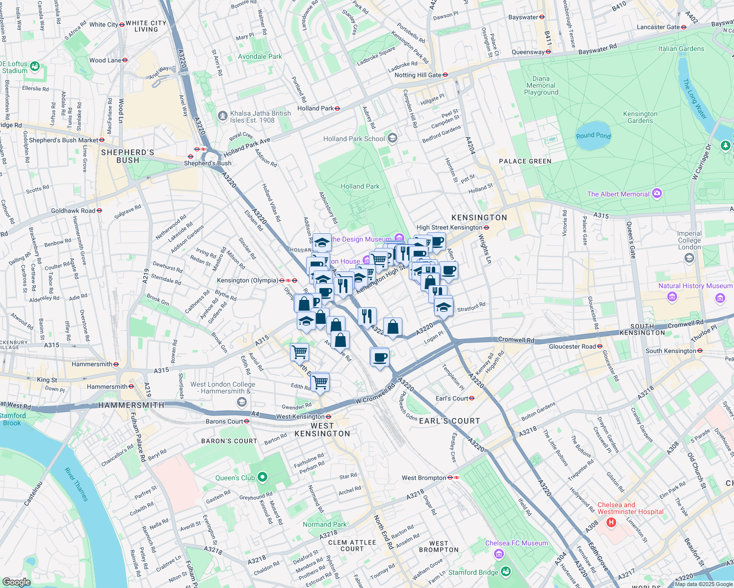 map of restaurants, bars, coffee shops, grocery stores, and more near 1 Saint Mary Abbot's Place in Greater London