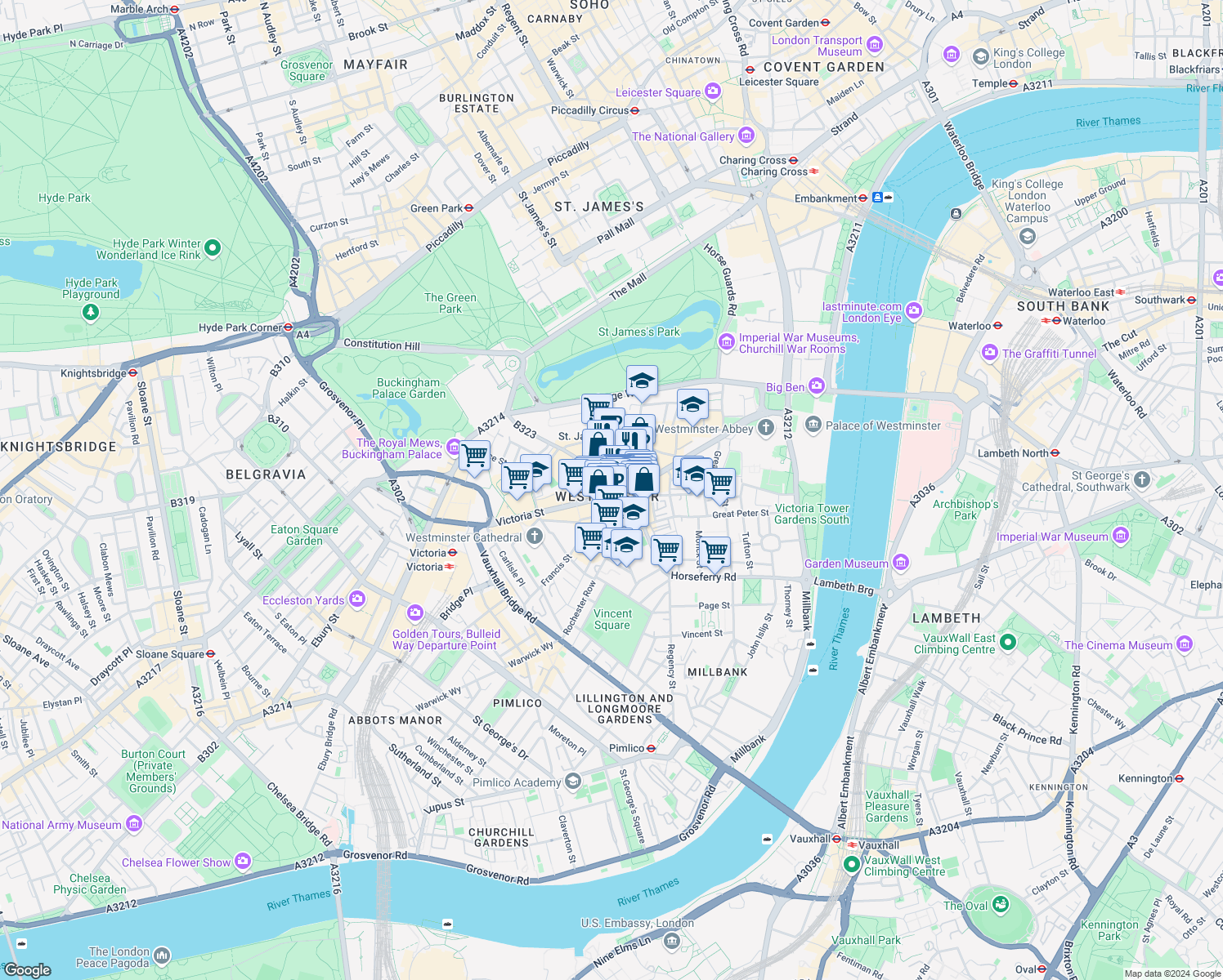 map of restaurants, bars, coffee shops, grocery stores, and more near 56 Palmer Street in Greater London
