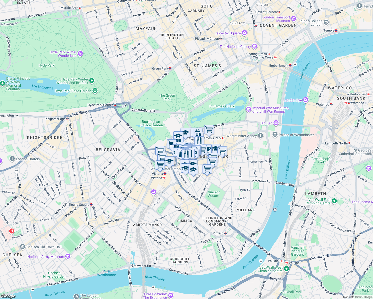 map of restaurants, bars, coffee shops, grocery stores, and more near 45 Palace Street in Greater London