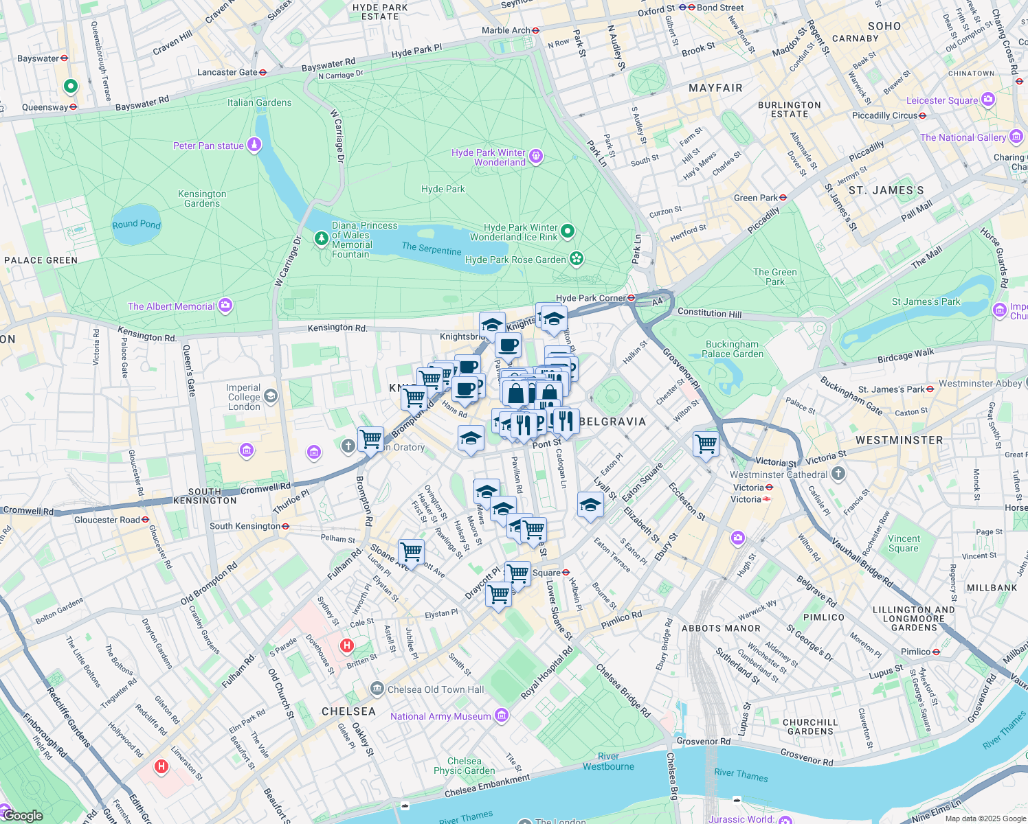 map of restaurants, bars, coffee shops, grocery stores, and more near 43-45 Sloane Street in Greater London