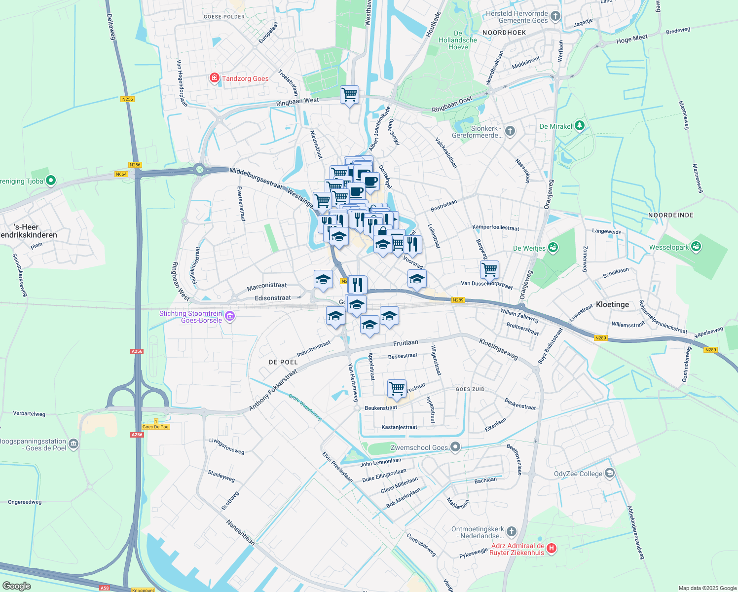 map of restaurants, bars, coffee shops, grocery stores, and more near 21 Stationsplein in Goes