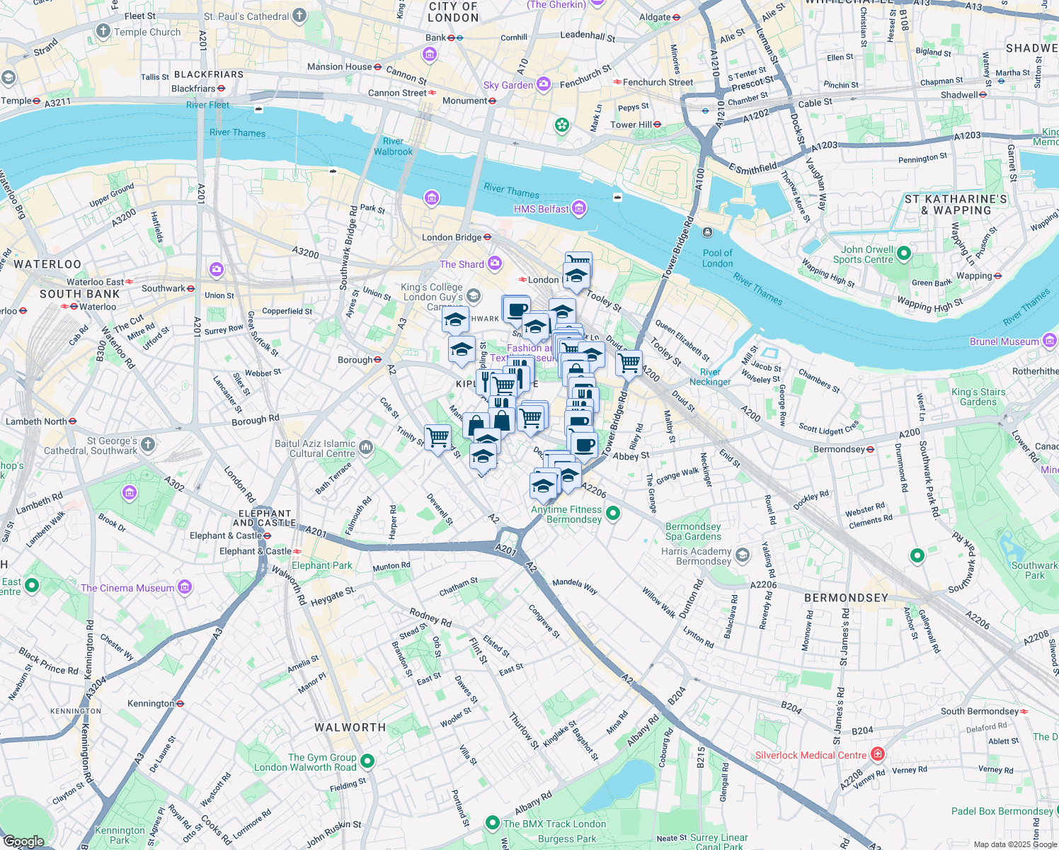 map of restaurants, bars, coffee shops, grocery stores, and more near in Greater London