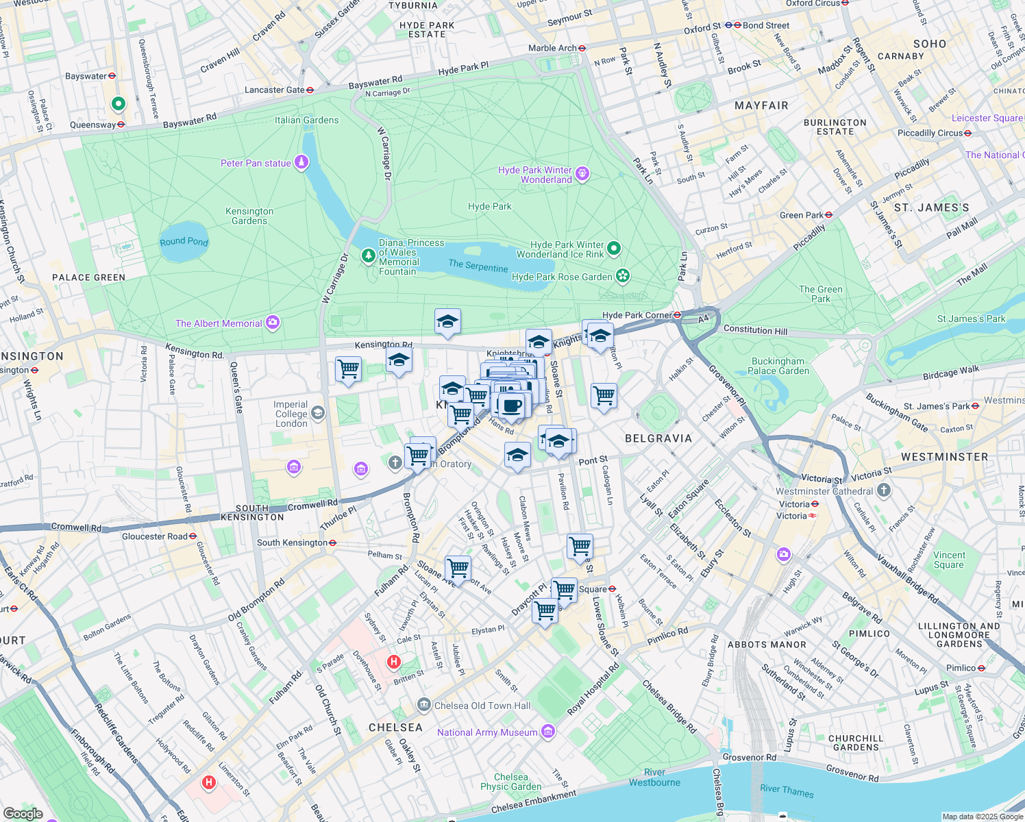 map of restaurants, bars, coffee shops, grocery stores, and more near 87 Brompton Road in Greater London