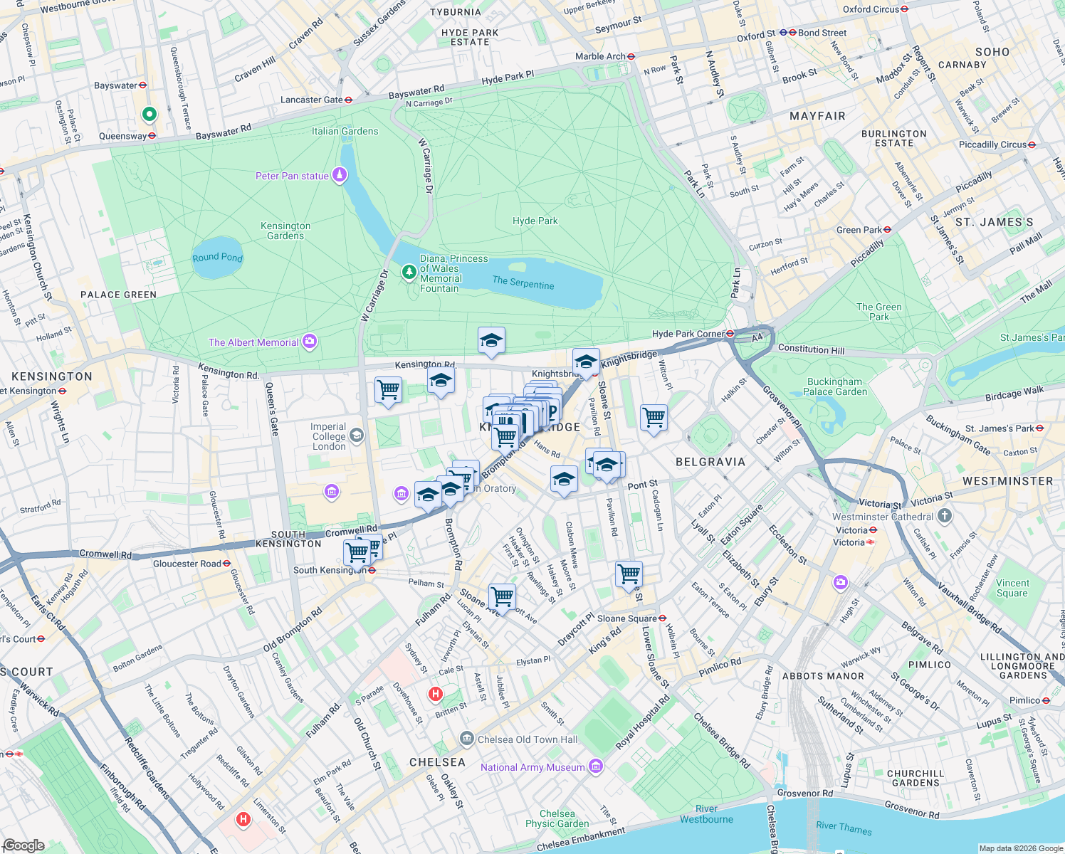 map of restaurants, bars, coffee shops, grocery stores, and more near 100 Brompton Road in Greater London
