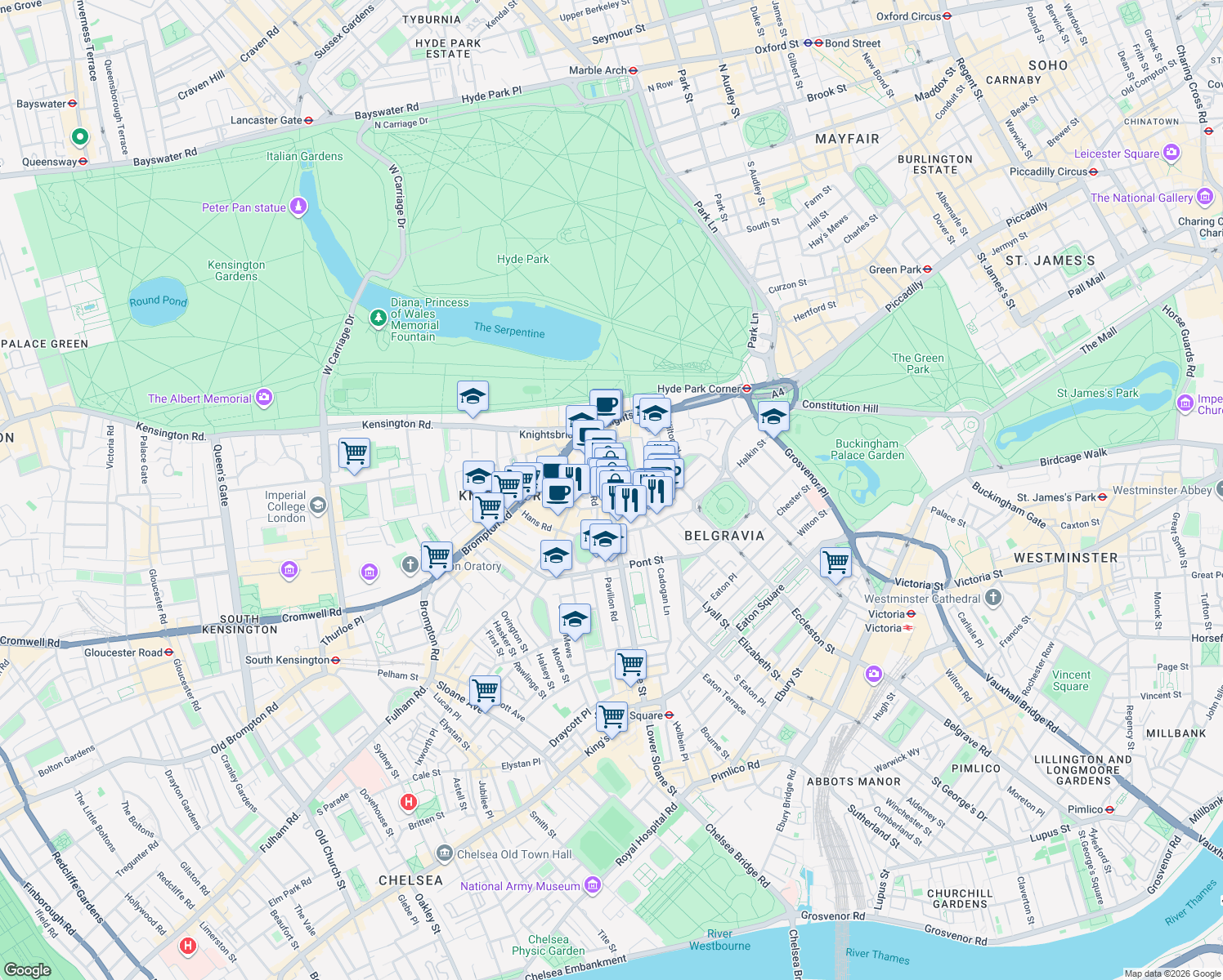 map of restaurants, bars, coffee shops, grocery stores, and more near 183 Sloane Street in Greater London