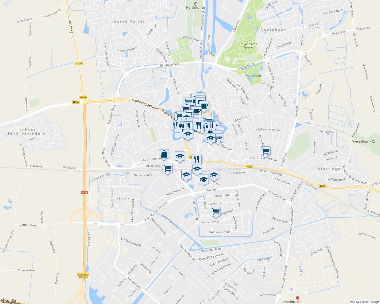 map of restaurants, bars, coffee shops, grocery stores, and more near Piet Heinstraat in Goes