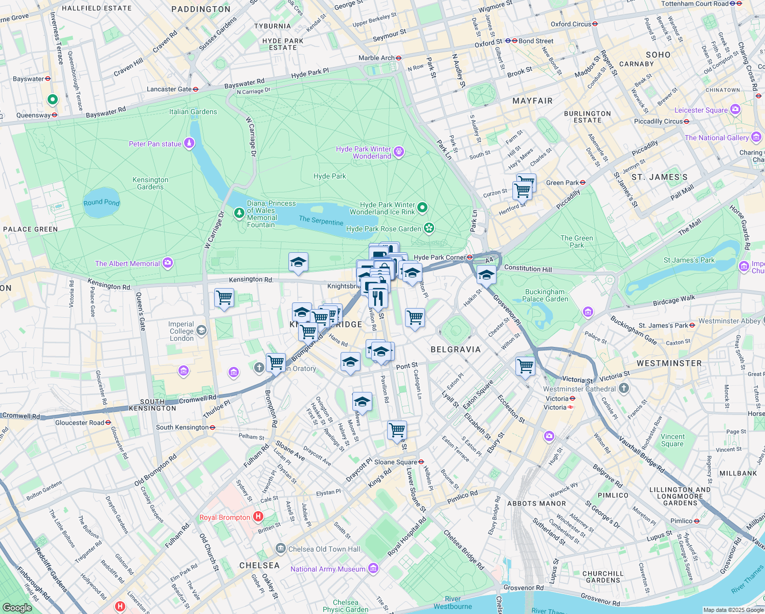 map of restaurants, bars, coffee shops, grocery stores, and more near 193 Sloane Street in Greater London