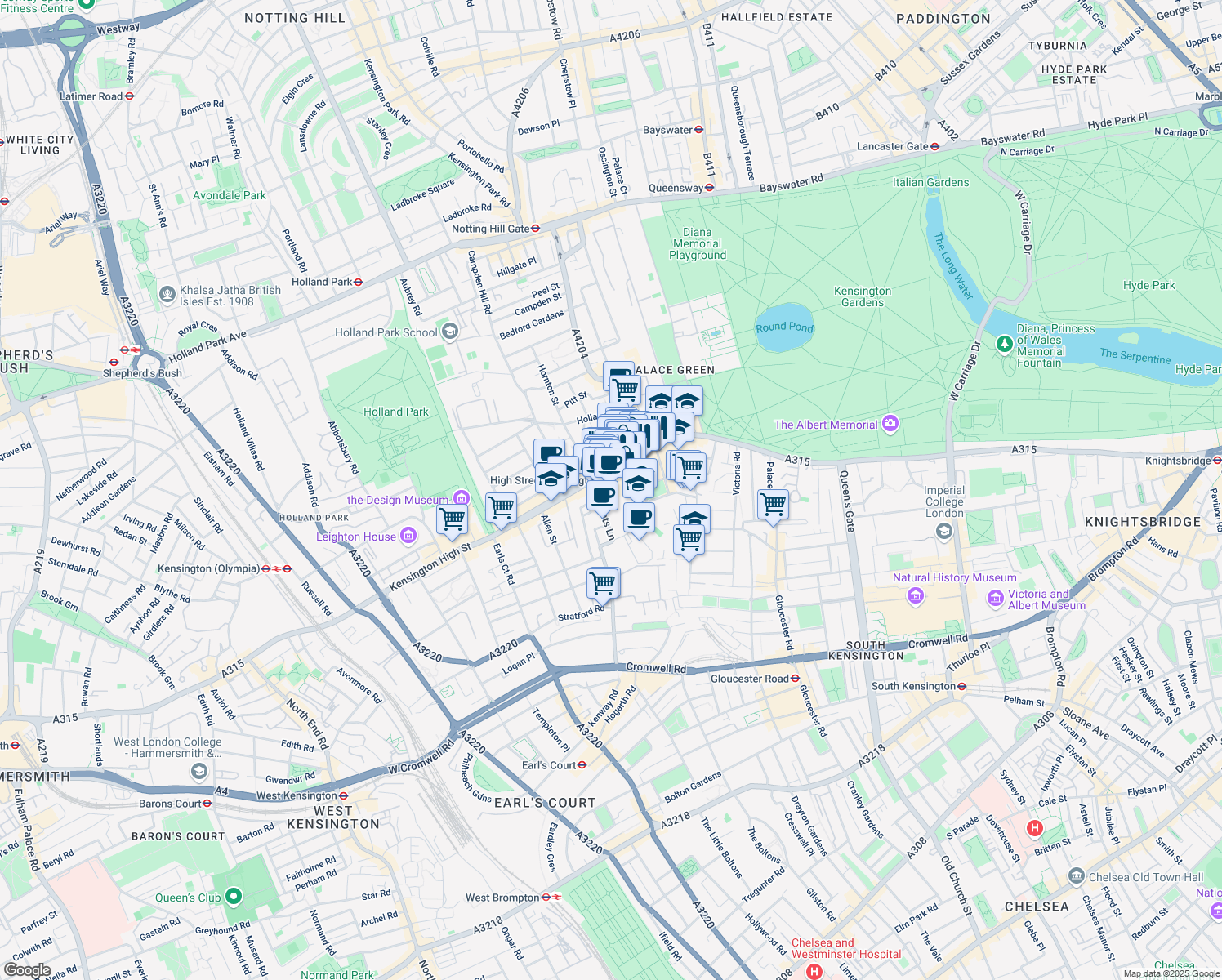 map of restaurants, bars, coffee shops, grocery stores, and more near Kensington High Street in London