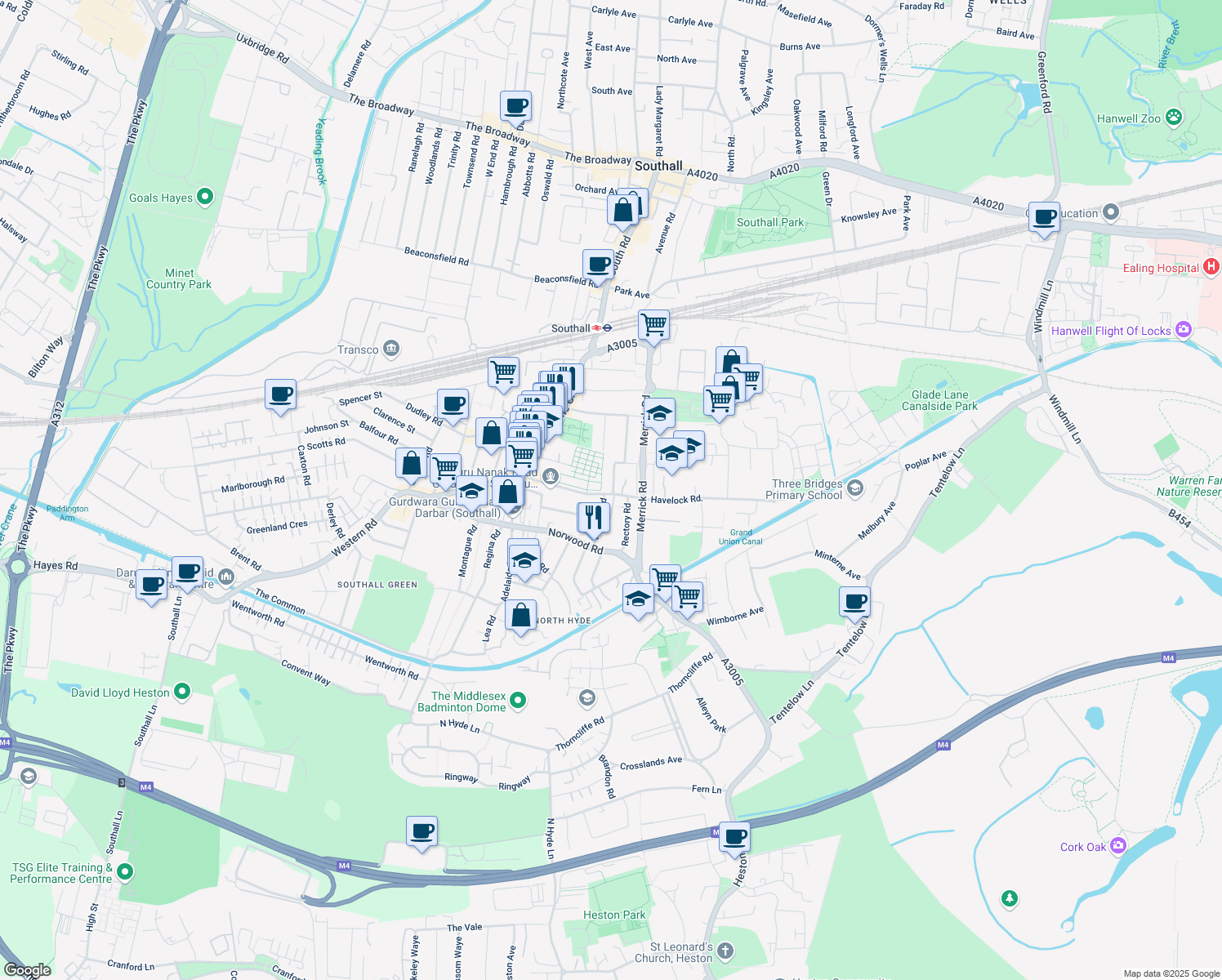 map of restaurants, bars, coffee shops, grocery stores, and more near 1 Havelock Road in Greater London