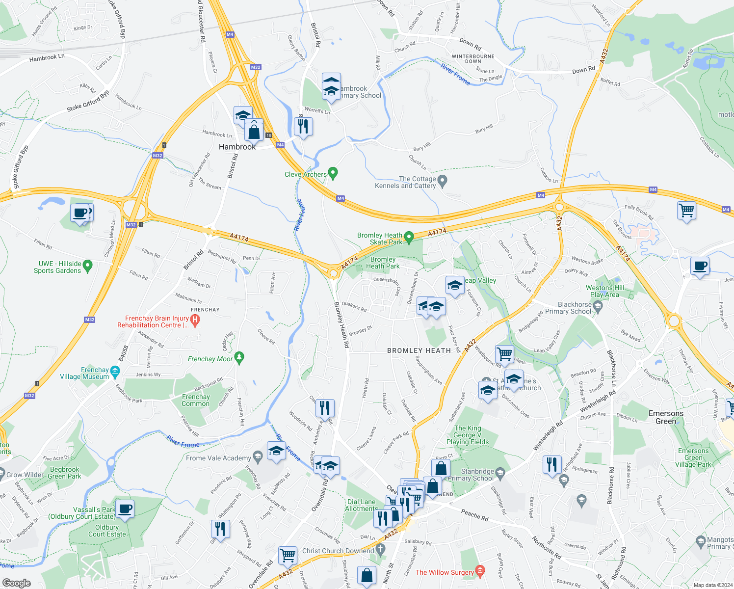 map of restaurants, bars, coffee shops, grocery stores, and more near 23 Queensholm Crescent in South Gloucestershire