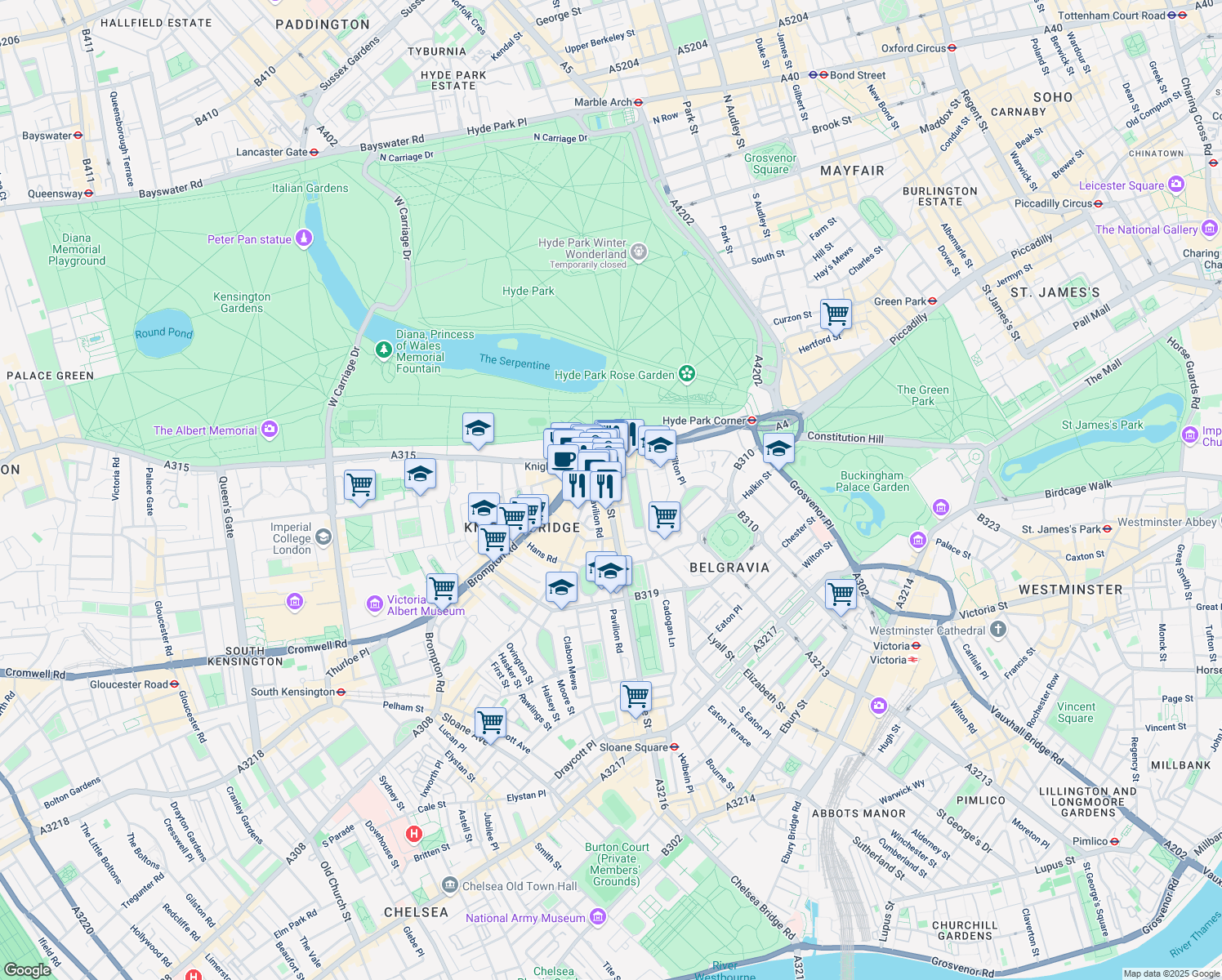 map of restaurants, bars, coffee shops, grocery stores, and more near 198 Sloane Street in Greater London
