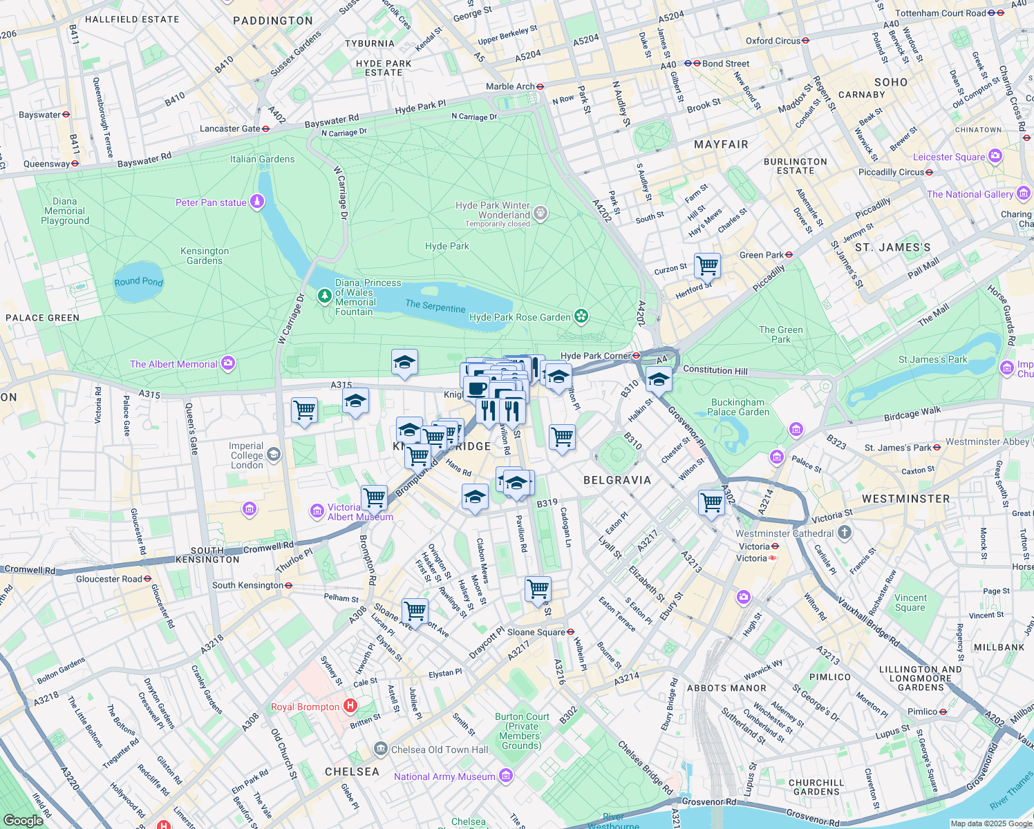 map of restaurants, bars, coffee shops, grocery stores, and more near 198 Sloane Street in Greater London