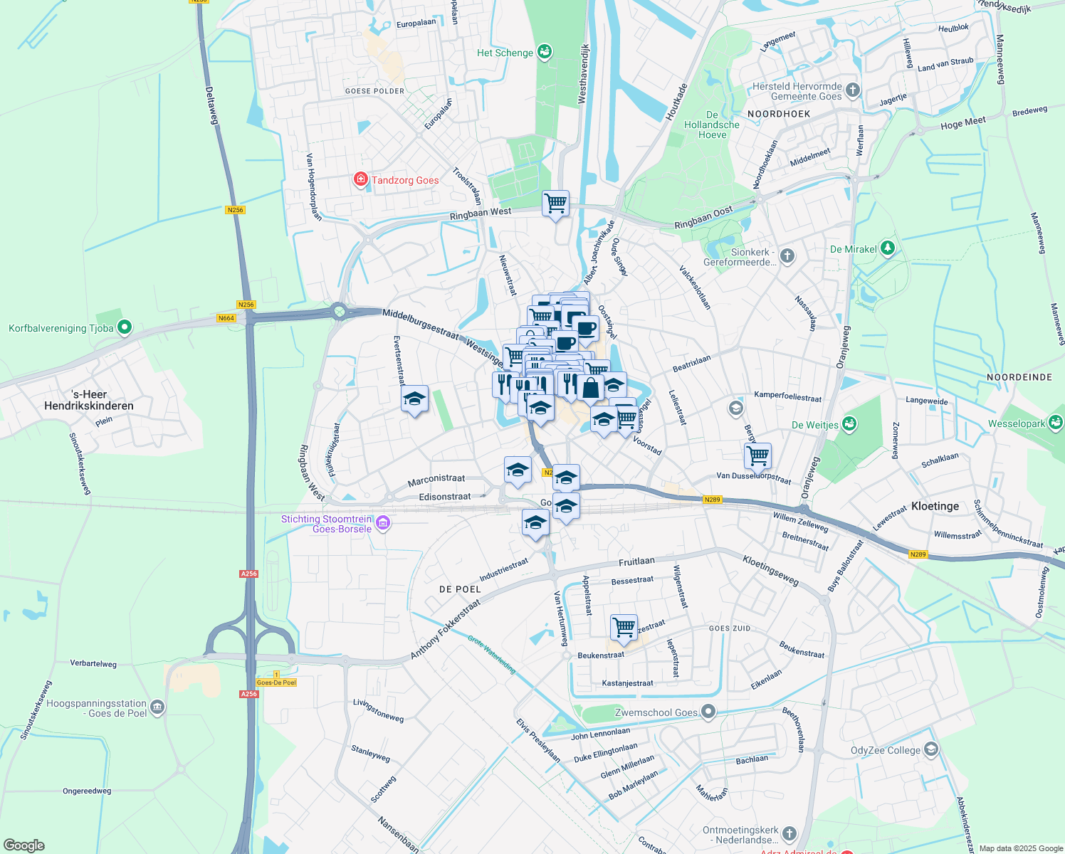 map of restaurants, bars, coffee shops, grocery stores, and more near 3A Piet Heinstraat in Goes