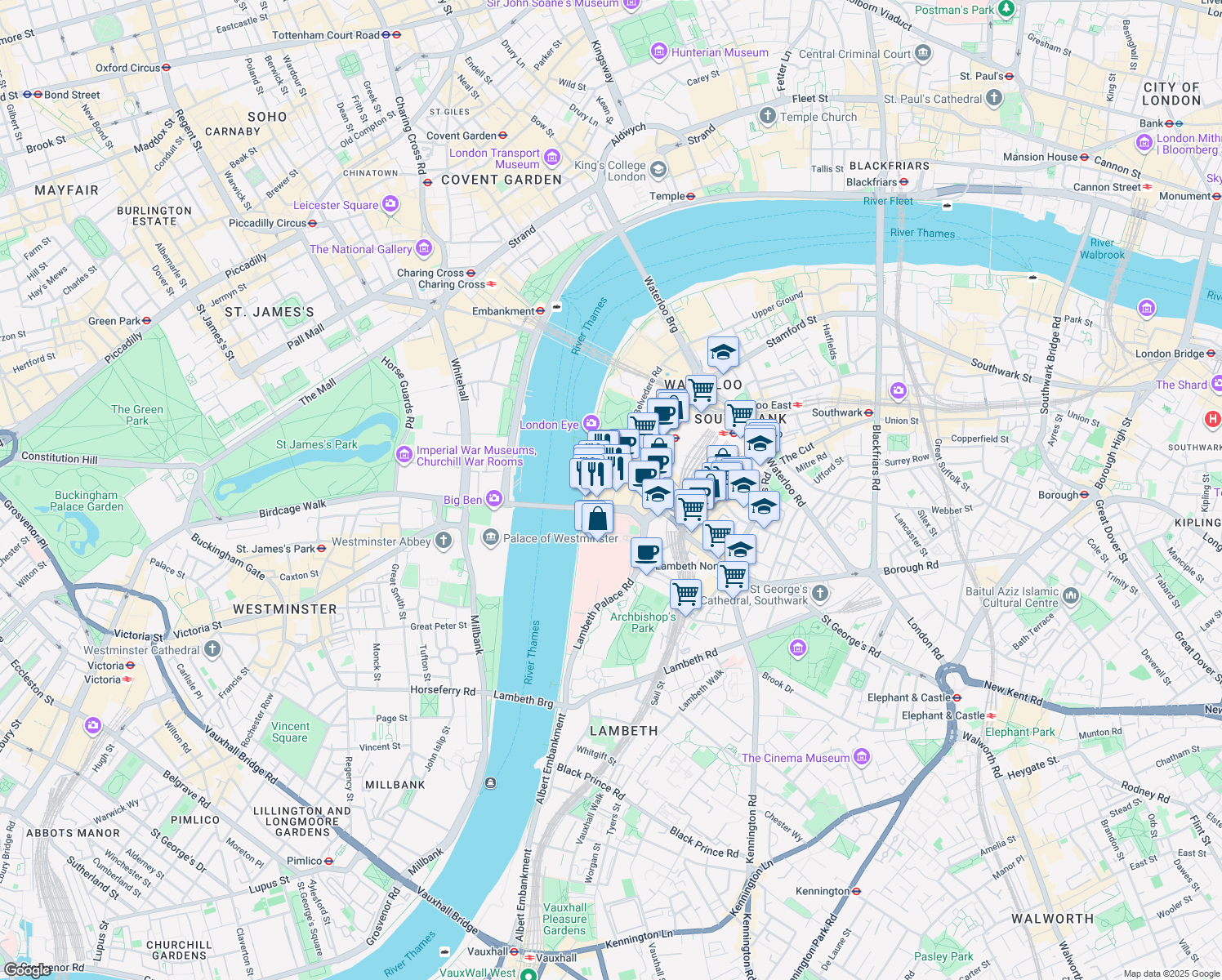 map of restaurants, bars, coffee shops, grocery stores, and more near 1 Belvedere Road in Greater London
