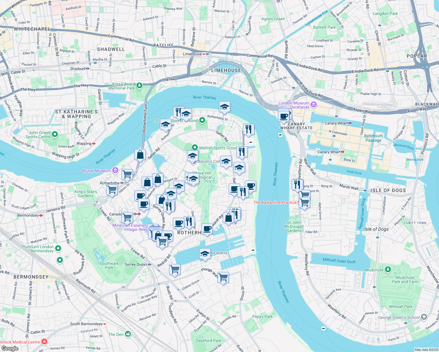 map of restaurants, bars, coffee shops, grocery stores, and more near in Greater London