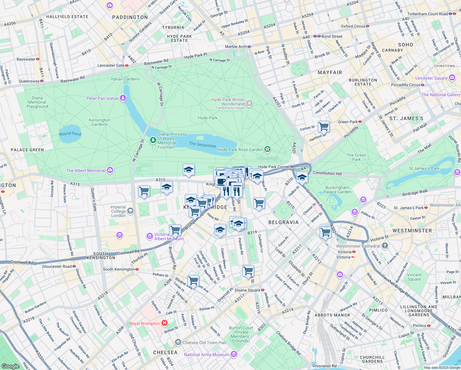 map of restaurants, bars, coffee shops, grocery stores, and more near 33 Brompton Road in Greater London