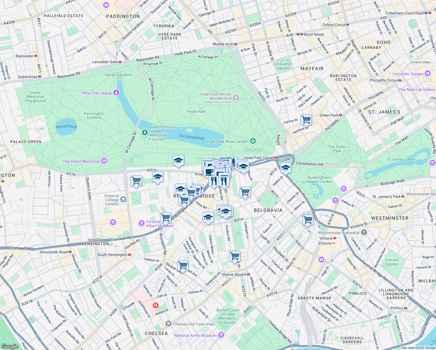 map of restaurants, bars, coffee shops, grocery stores, and more near 33 Brompton Road in Greater London