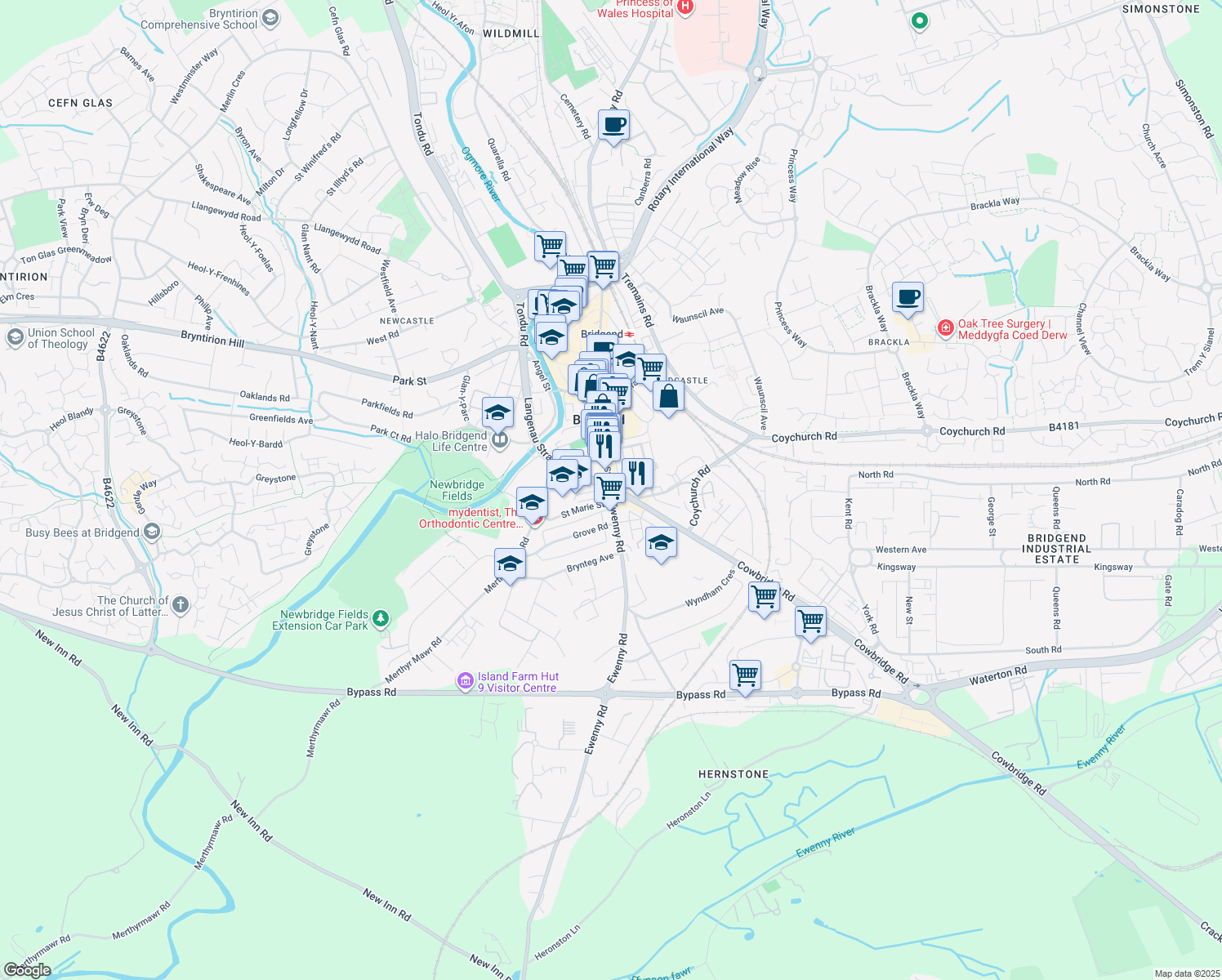 map of restaurants, bars, coffee shops, grocery stores, and more near A473 in Bridgend