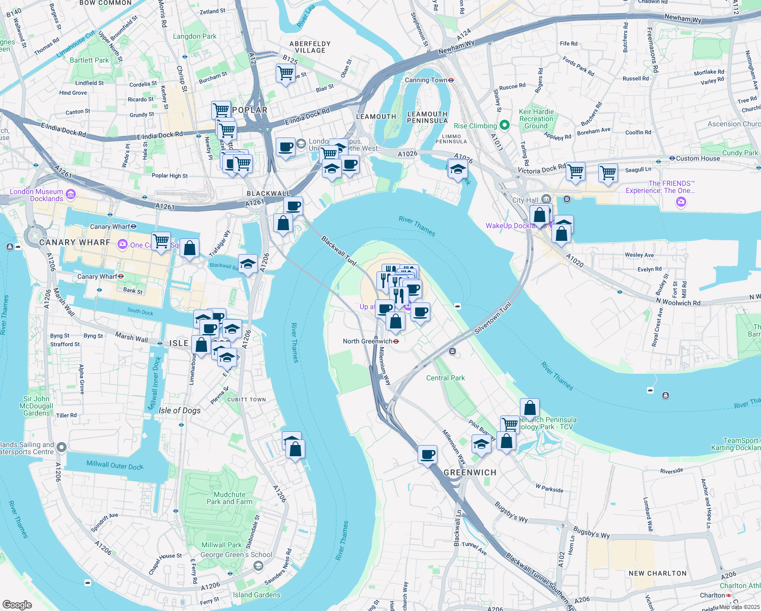 map of restaurants, bars, coffee shops, grocery stores, and more near 3 Peninsula Square in Greater London