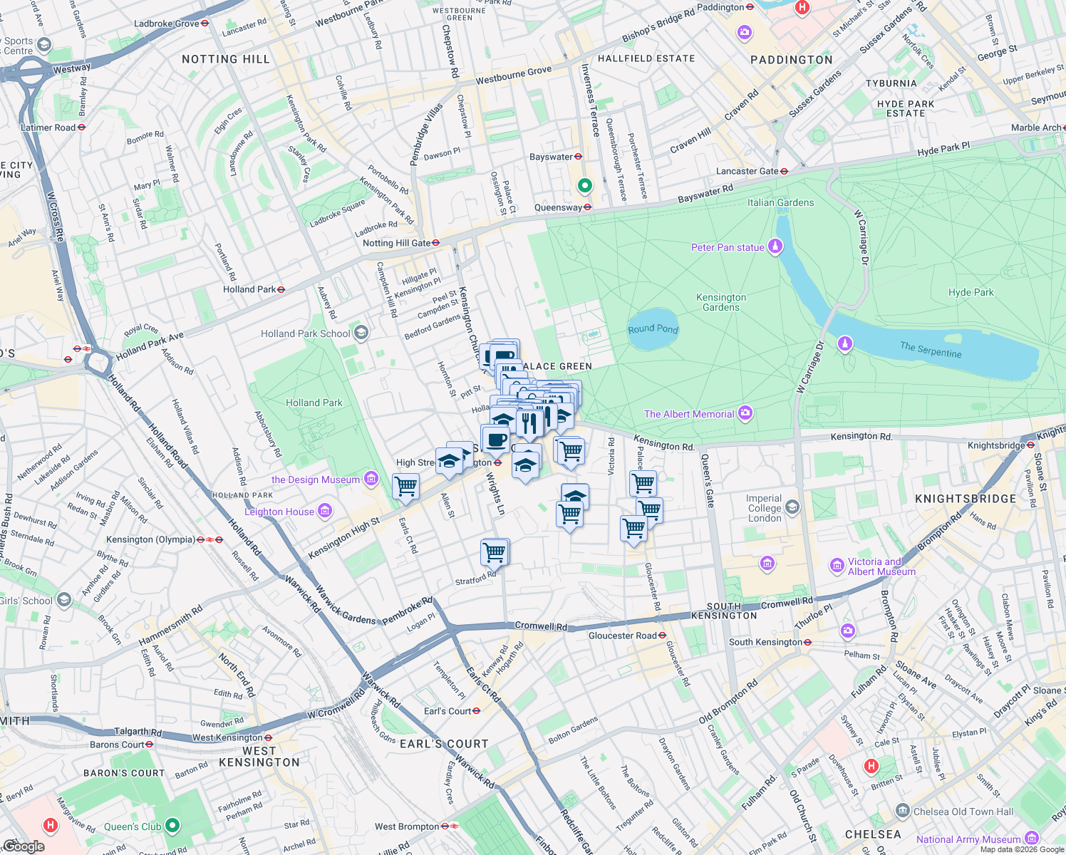 map of restaurants, bars, coffee shops, grocery stores, and more near 62 Kensington High Street in Greater London