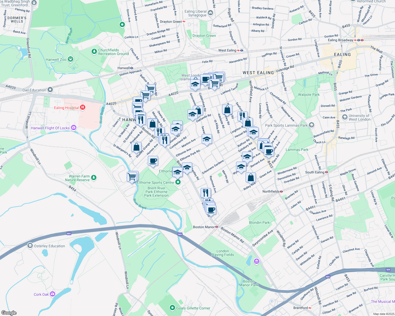 map of restaurants, bars, coffee shops, grocery stores, and more near Whitehall Road in London