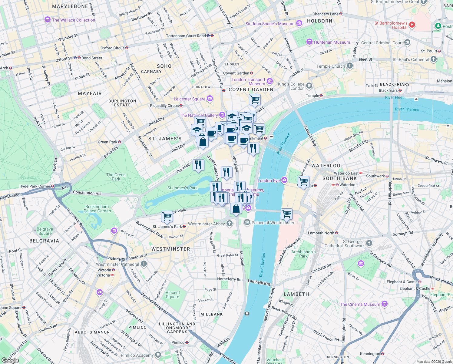 map of restaurants, bars, coffee shops, grocery stores, and more near 10 Downing Street in Greater London